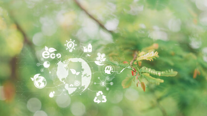 Blured green leave background and Smart technology with Internet of things futuristic agriculture...