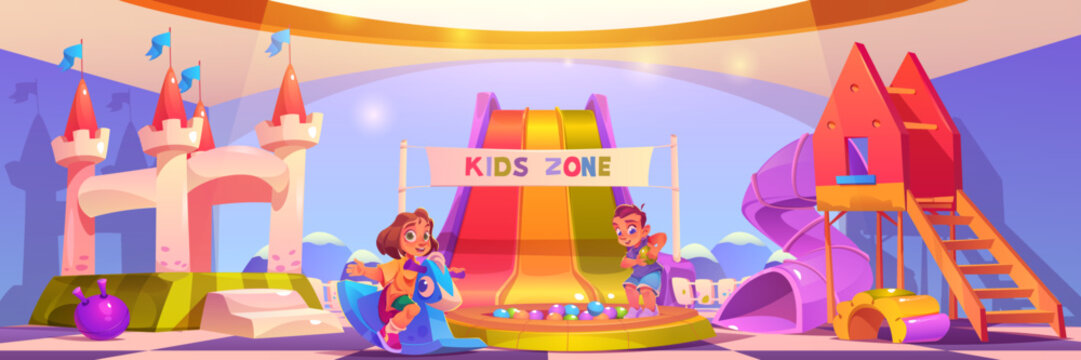 Kids playground or kindergarten cartoon vector illustration. Fun tunnel slide for happy playtime for preschool girl and boy. Inflatable castle trampoline equipment activity area for daycare enjoy.