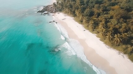  an aerial view of a sandy beach and a tropical island.  generative ai