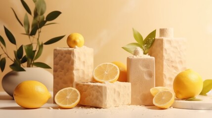  a group of lemons sitting on top of blocks of soap.  generative ai