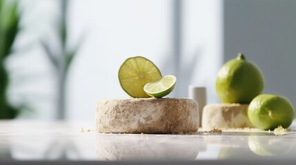  limes and lime slices on a table with a white background.  generative ai