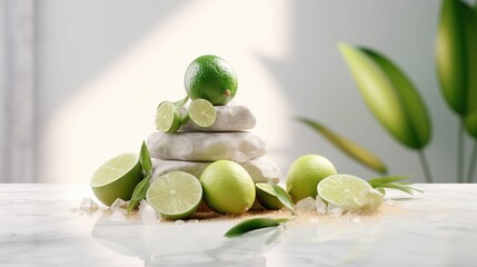  a pile of limes sitting on top of a pile of white rocks.  generative ai