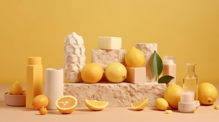 Fototapeta na wymiar a display of soaps, lemons, and other items. generative ai