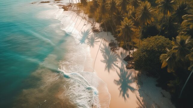  an aerial view of a beach with palm trees and the ocean.  generative ai