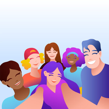 People group selfie. Friendly guy makes group photo with smiling friends on smartphone camera in hands, taking self portrait photos. Telephone photography vector cartoon illustration.