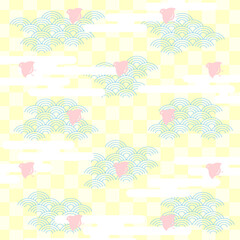 市松模様に千鳥と青海波のかわいい和柄背景素材
