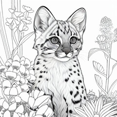 South American margay illustrated with black lines on white background for coloring. Generative AI.
