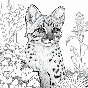 South American margay illustrated with black lines on white background for coloring. Generative AI.