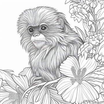 South American Golden Lion Tamarin Illustrated With Black Lines On White Background For Coloring. Generative AI.