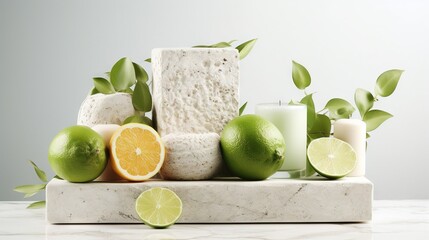  limes, limes, limeades, and candles are arranged on a marble stand.  generative ai