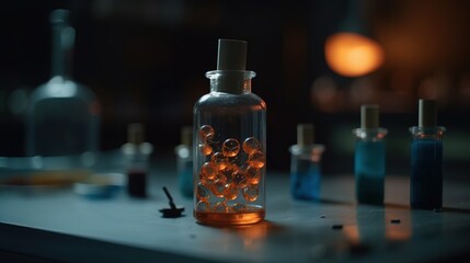  a glass bottle filled with lots of liquid sitting on top of a table.  generative ai