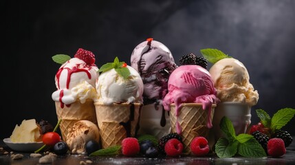  a group of ice cream cones with berries, raspberries, and mint.  generative ai