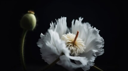  a close up of a white flower on a black background.  generative ai