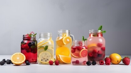  a group of mason jars filled with different types of fruit.  generative ai