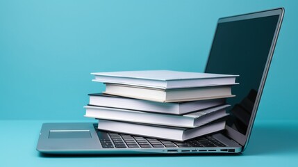  a stack of books sitting on top of a laptop computer.  generative ai