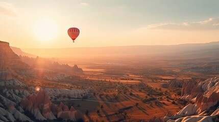  a hot air balloon flying over a rocky landscape at sunset.  generative ai