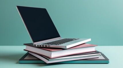  a stack of books with a laptop on top of them.  generative ai