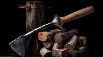  a hammer and a pile of logs on a table with a black background.  generative ai