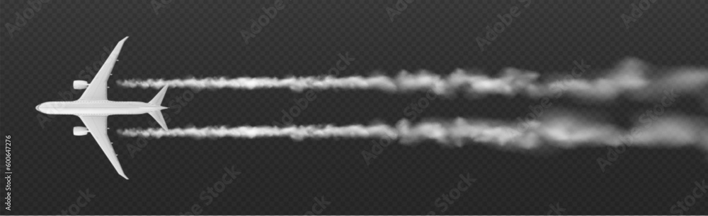 Poster white plane condensation trail with smoke cloud vector isolated on transparent background. airplane 