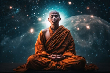 Monk in meditation, starry sky and universe background. Generative AI - obrazy, fototapety, plakaty
