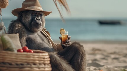 Mature old male Gorilla on a relaxing summer holiday on a tropical island beach, cocktail in hand enjoying retired life, hilarious and funny - generative AI  - obrazy, fototapety, plakaty