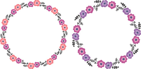 Set of two vector hand drawn wreathes. Round floral frame of flowers and branches.	
