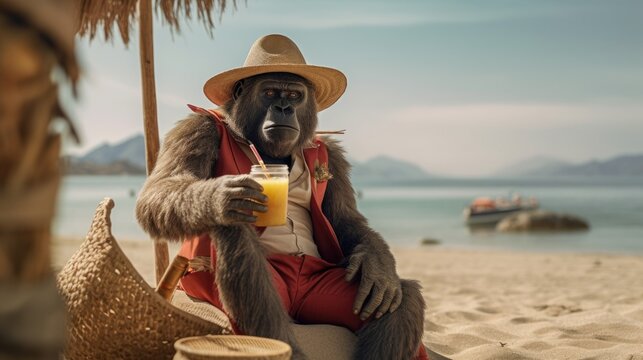 Mature old male Gorilla on a relaxing summer holiday on a tropical island beach, cocktail in hand enjoying retired life, hilarious and funny - generative AI 