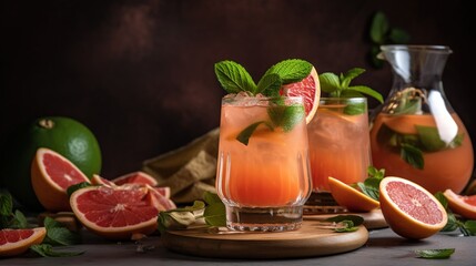  two glasses of grapefruit and a pitcher of watermelon.  generative ai