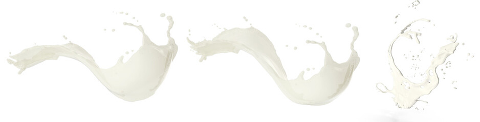 Set of realistic milk splashes of various shape with drops isolated on transparent background