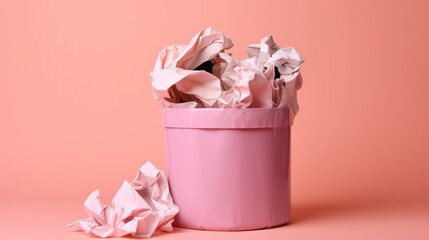  a pink trash can filled with crumpled paper on a pink background.  generative ai