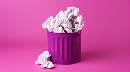  a purple trash can filled with crumpled white paper on a pink background.  generative ai