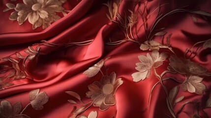  a close up of a red cloth with gold flowers on it.  generative ai