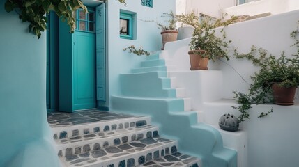  a set of stairs leading up to a blue door and window.  generative ai