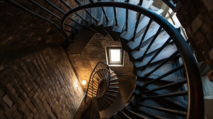  a spiral staircase in a brick building with a light at the top.  generative ai