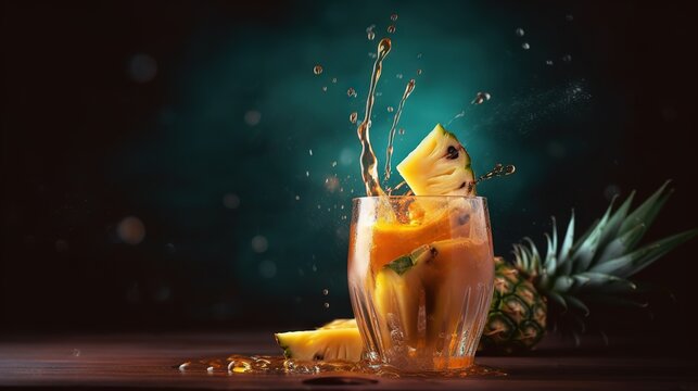  a pineapple splashing into a glass of orange juice.  generative ai