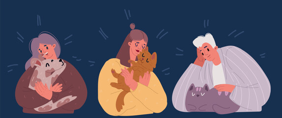 Cartoon vector illustration of People and their cats. Set of portraits of adorable pet owners and cute domestic animals.