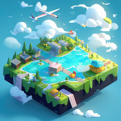Travel time. Payment for ticket for flight airplane online on phone map blue green background passport Business concept volumetric icons 3d Minimal cartoon