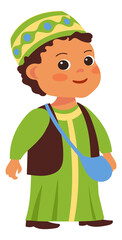 Boy in traditional muslim clothes. Happy arab kid