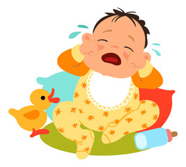 Crying baby character. Sitting toddler weeping out