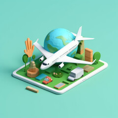 Travel time. Payment for ticket for flight airplane online on phone map blue green background passport Business concept volumetric icons 3d Minimal cartoon