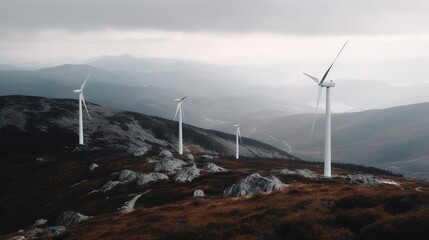  a group of wind turbines on a hill side with mountains in the background.  generative ai