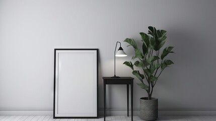  a plant in a pot next to a white cabinet and a black lamp.  generative ai