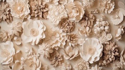  a large group of paper flowers on a wall in a room.  generative ai