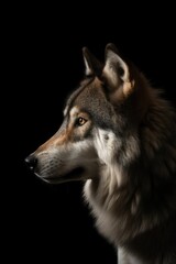 Fototapeta premium Wolf portrait, close up isolated on black background. Strength concept. Generative ai