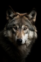 Naklejka na ściany i meble Wolf portrait, close up isolated on black background. Strength concept. Generative ai