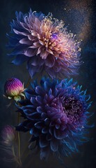 Naklejka na ściany i meble Abstract Dahlia flowers. Slow motion. Burst of golden dust. Beautiful wallpaper background. Purple, blue and golden color tones. Elegance concept. Generative ai. 