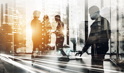 Silhouette, city and double exposure with business people in office for corporate, staff and...