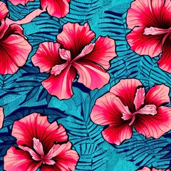 Hawaian Seamless Pattern, Tropical Pattern, Caribean, Tropical Flowers, Beach Pattern, Vacations, Generative AI