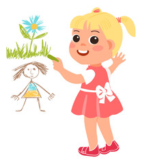 Girl drawing cute pictures. Cartoon kid character