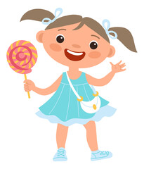 Funny girl holding lolipop. Cute cartoon kid with sweet candy